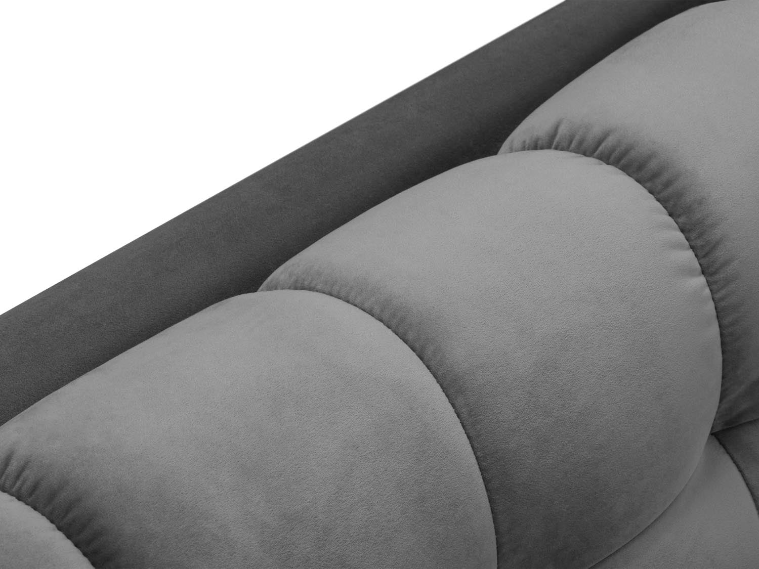 Stilvolles Mamaia Velour Sofa Chaise Lounge links in edlem Grau, perfekt für moderne Wohnzimmer und gemütliche Entspannungsecken.