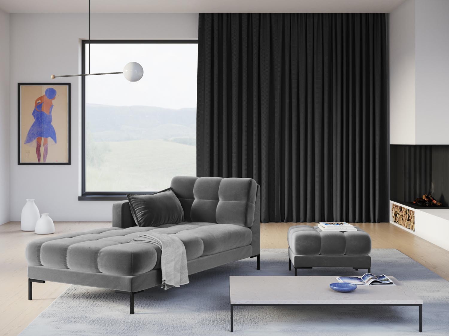 Elegantes Mamaia Velour Sofa Chaise Lounge links in sanftem Grau, ideal für stilvolle Wohnräume und entspannte Momente.
