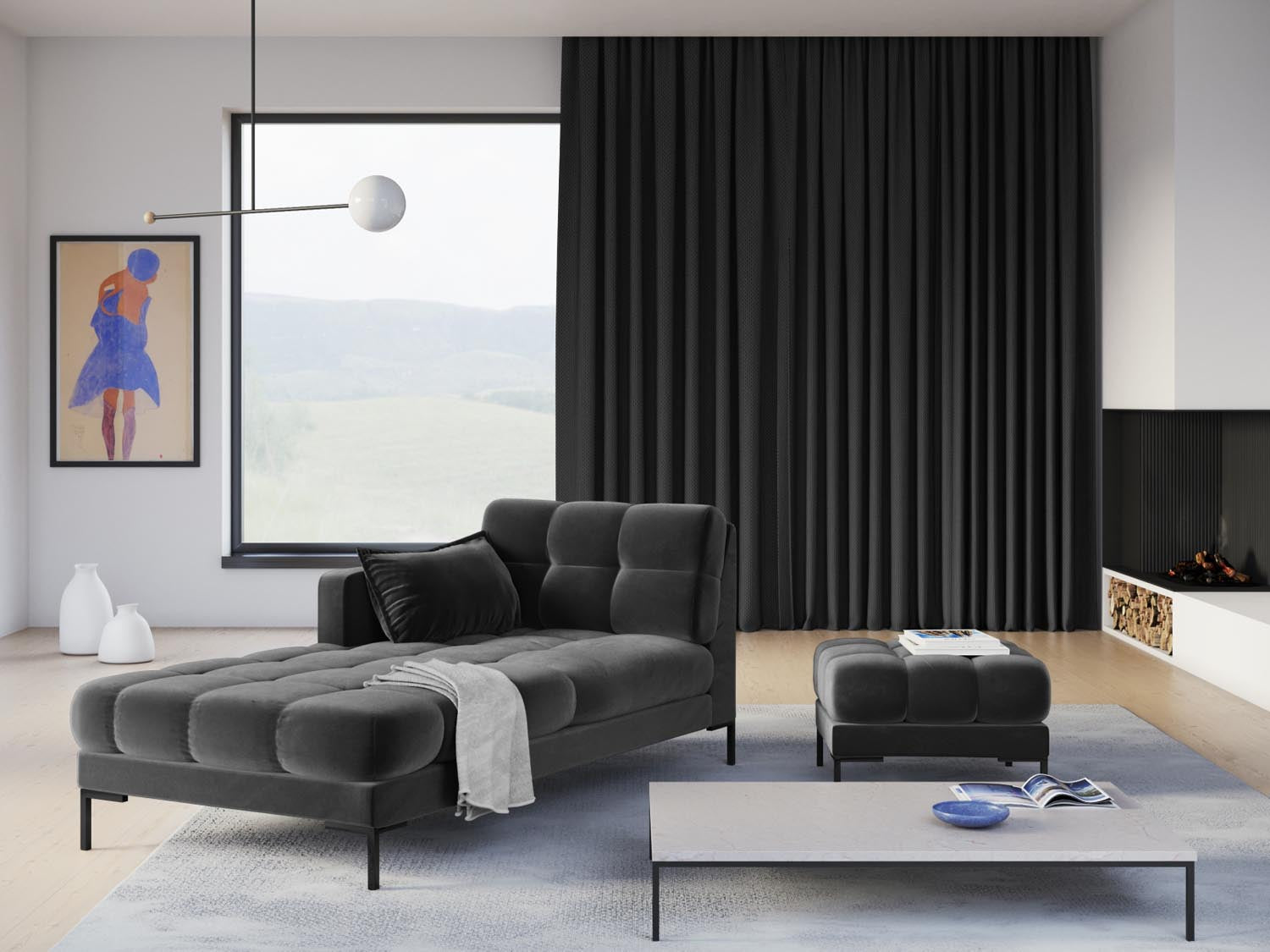 Elegantes Mamaia Velour Sofa Chaise Lounge links in Dunkelgrau, ideal für stilvolle Wohnräume, präsentiert von Micadoni.