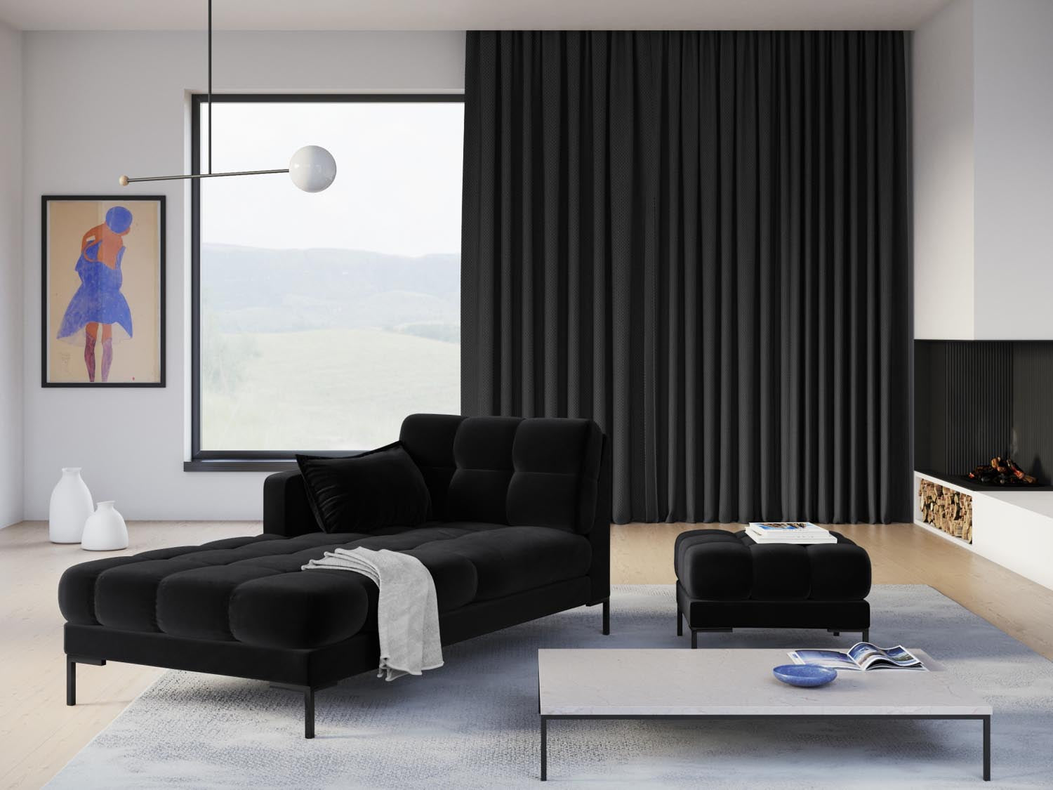 Elegantes Mamaia Velour Sofa Chaise Lounge links mit einem modernen Design in Schwarz, ideal für stilvolle Wohnräume.