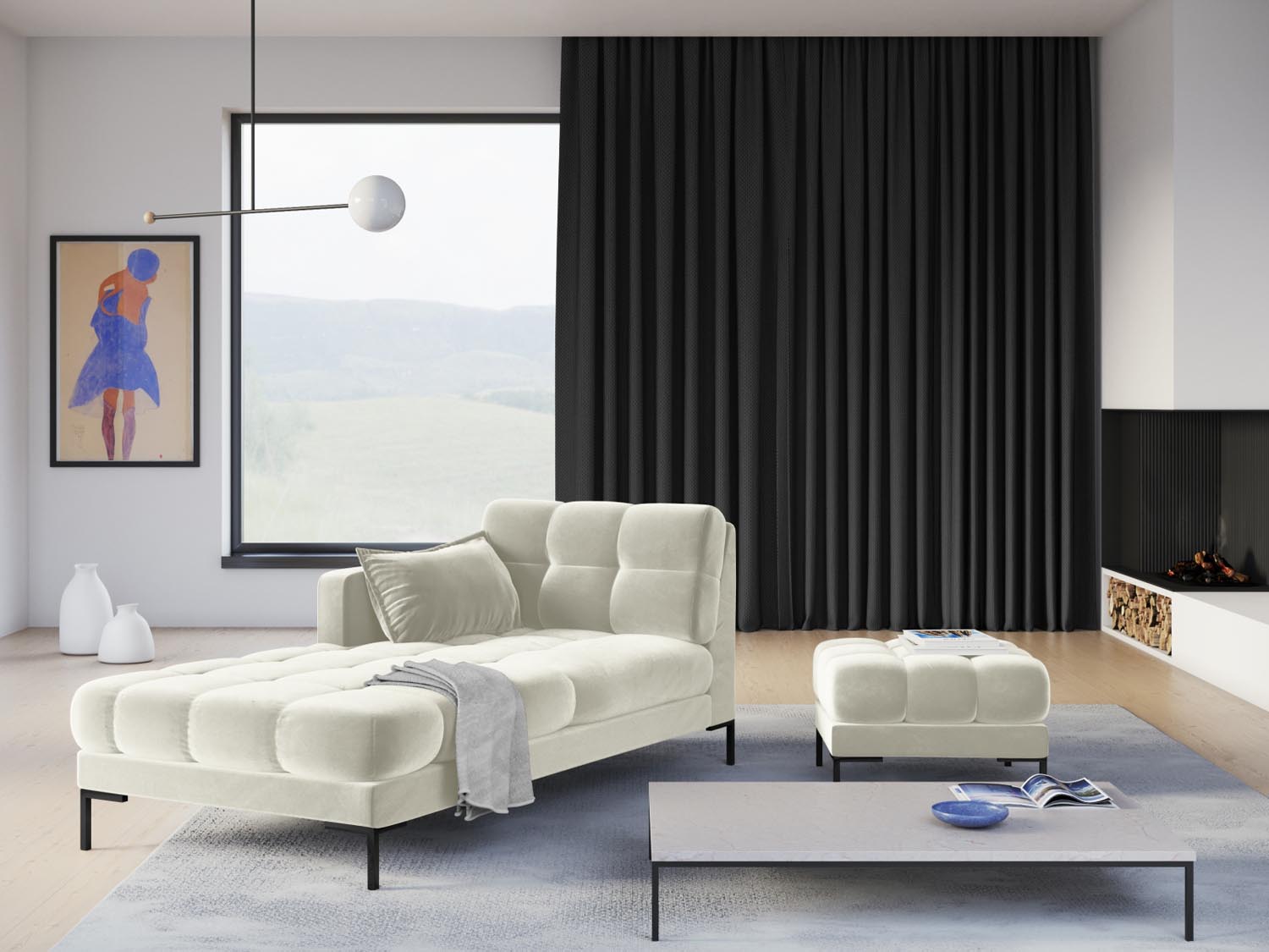 Elegantes Mamaia Velour Sofa Chaise Lounge links in sanftem Beige und stilvollem Schwarz-Bluvel, ideal für moderne Wohnräume.
