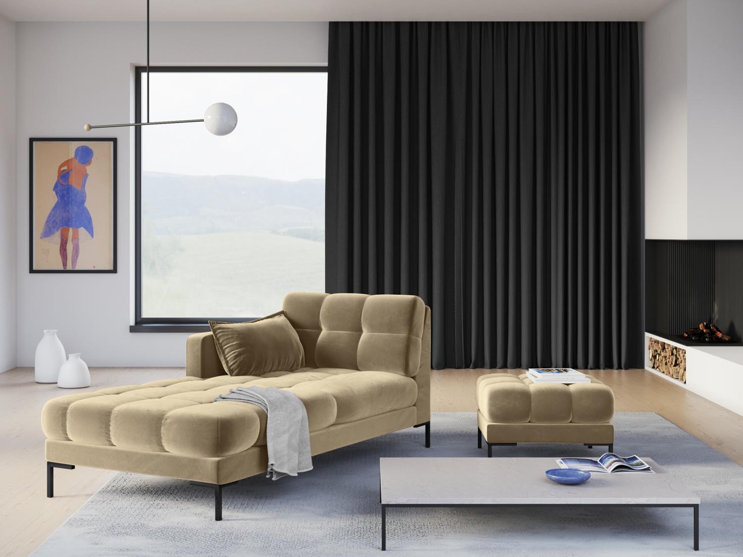 Elegantes Mamaia Velour Sofa Chaise Lounge links mit stilvollem Design in Beige und Schwarz, ideal für moderne Wohnräume.