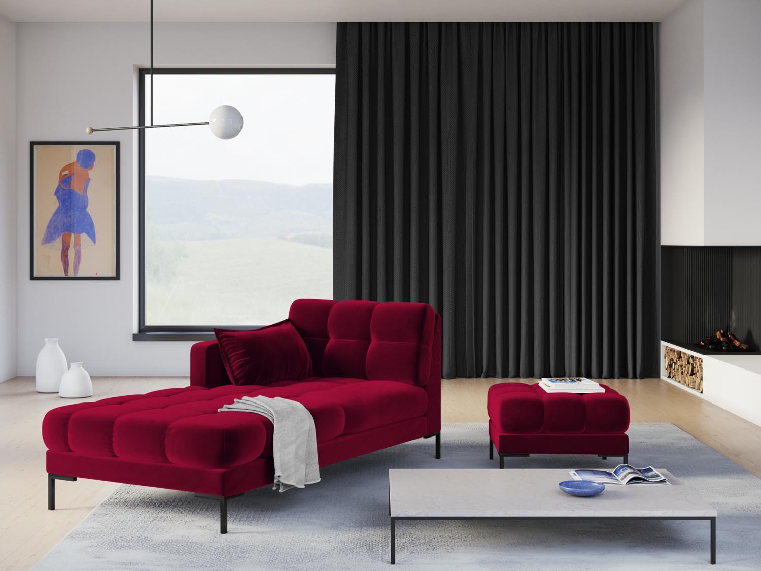 Elegantes Mamaia Velour Sofa Chaise Lounge links mit luxuriösem Design in Rot und Schwarz, ideal für stilvolle Wohnräume.