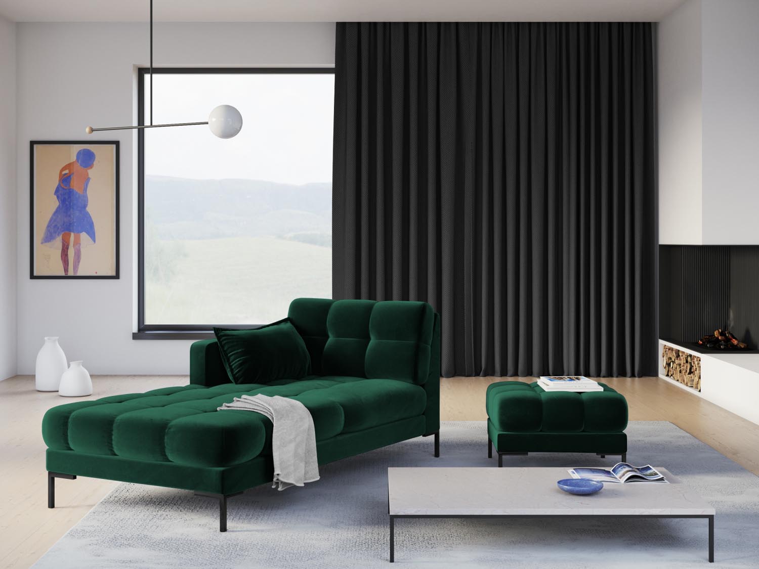 Elegantes Mamaia Velour Sofa Chaise Lounge links mit einem Sitz in edlem Flaschengrün und stilvollem Schwarz-Bluvel, ideal für moderne Wohnräume.