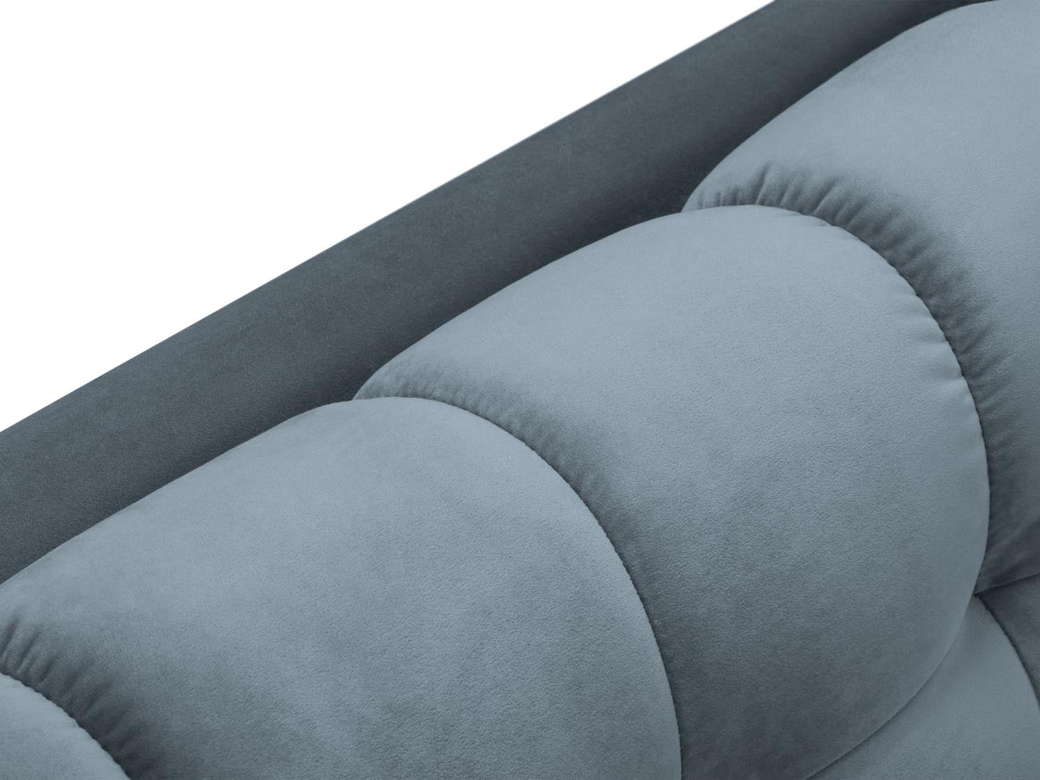 Stilvolles Mamaia Velour Sofa Chaise Lounge links in zartem Hellblau, perfekt für gemütliche Stunden und moderne Einrichtung.
