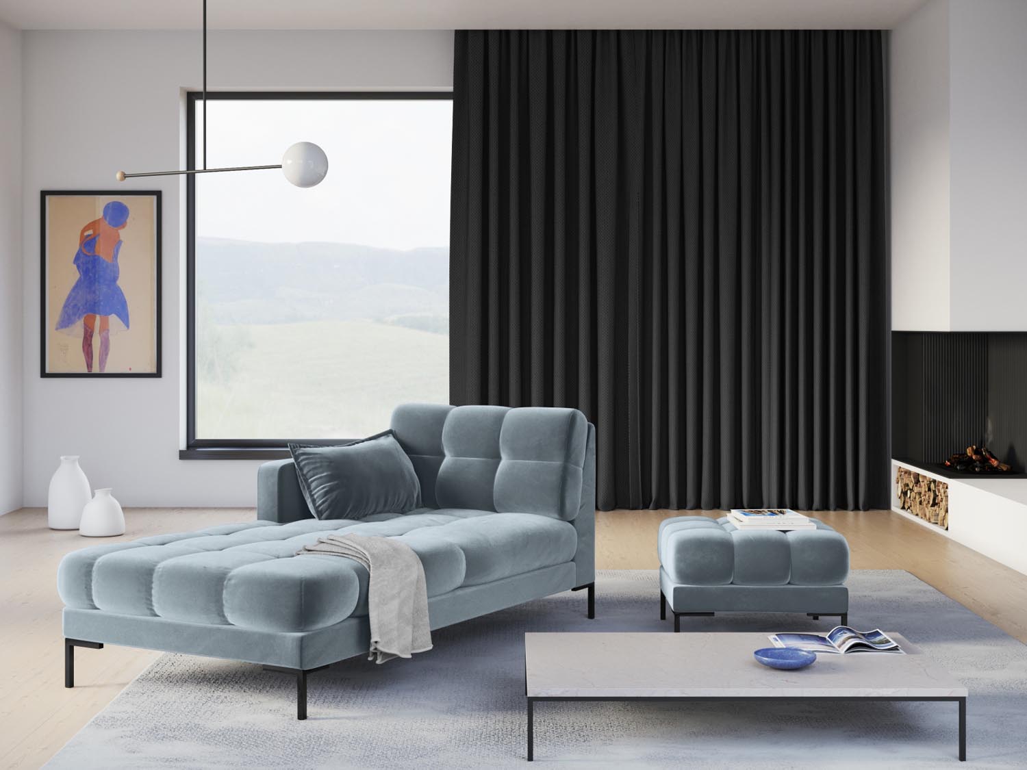 Elegantes Mamaia Velour Sofa Chaise Lounge links in sanftem Hellblau, ideal für stilvolle Wohnräume und entspannte Momente.