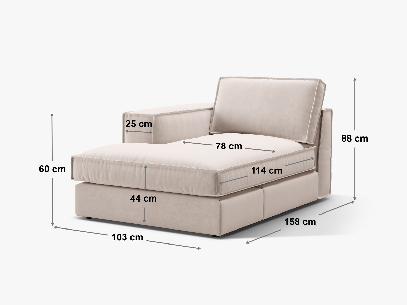 Moderne linke Chaise Longue Pola in strahlendem Weiß, perfekt für ein elegantes und komfortables Wohnambiente.