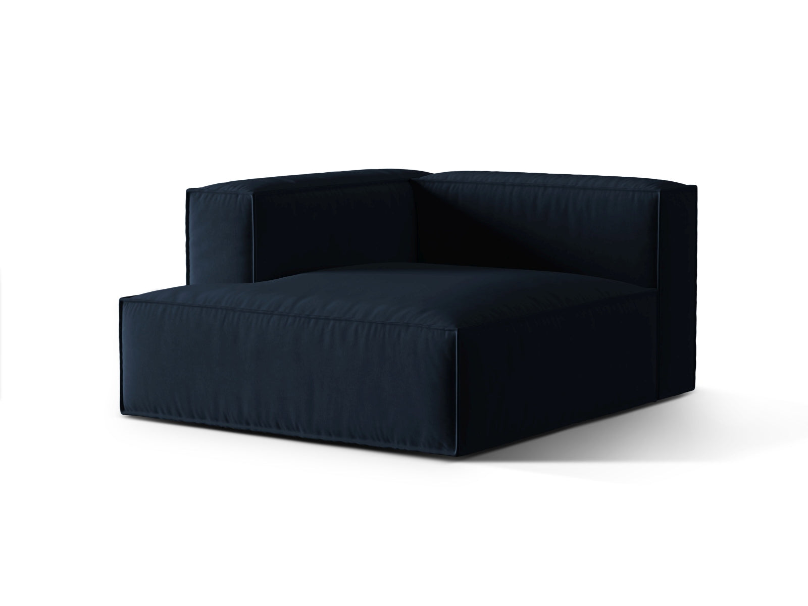 Elegante Nuria Velour Chaise Longue links in Dunkelblau, ideal für stilvolle Wohnräume. Modulares Sofa von Micadoni für individuellen Komfort.
