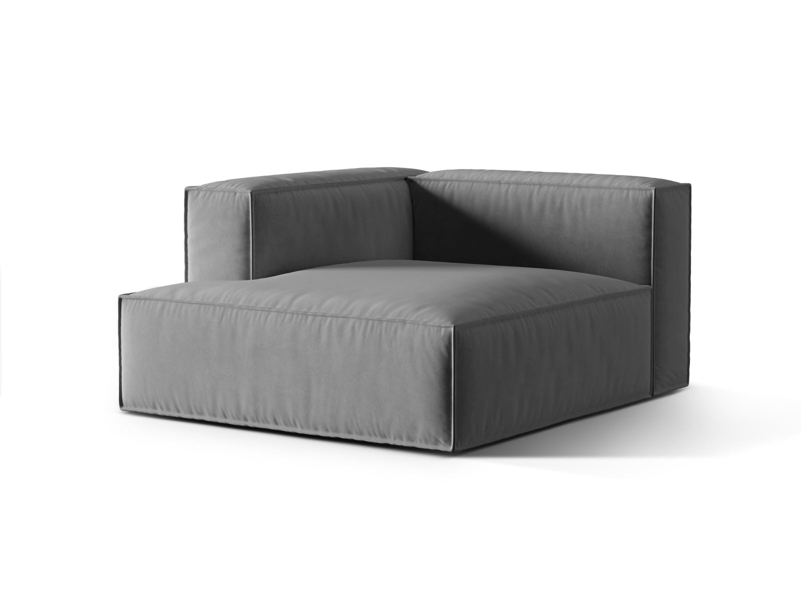 Elegante Nuria Velour Chaise Longue links in Grau, ideal für stilvolle Wohnräume. Modulares Sofa von Micadoni für individuellen Komfort.