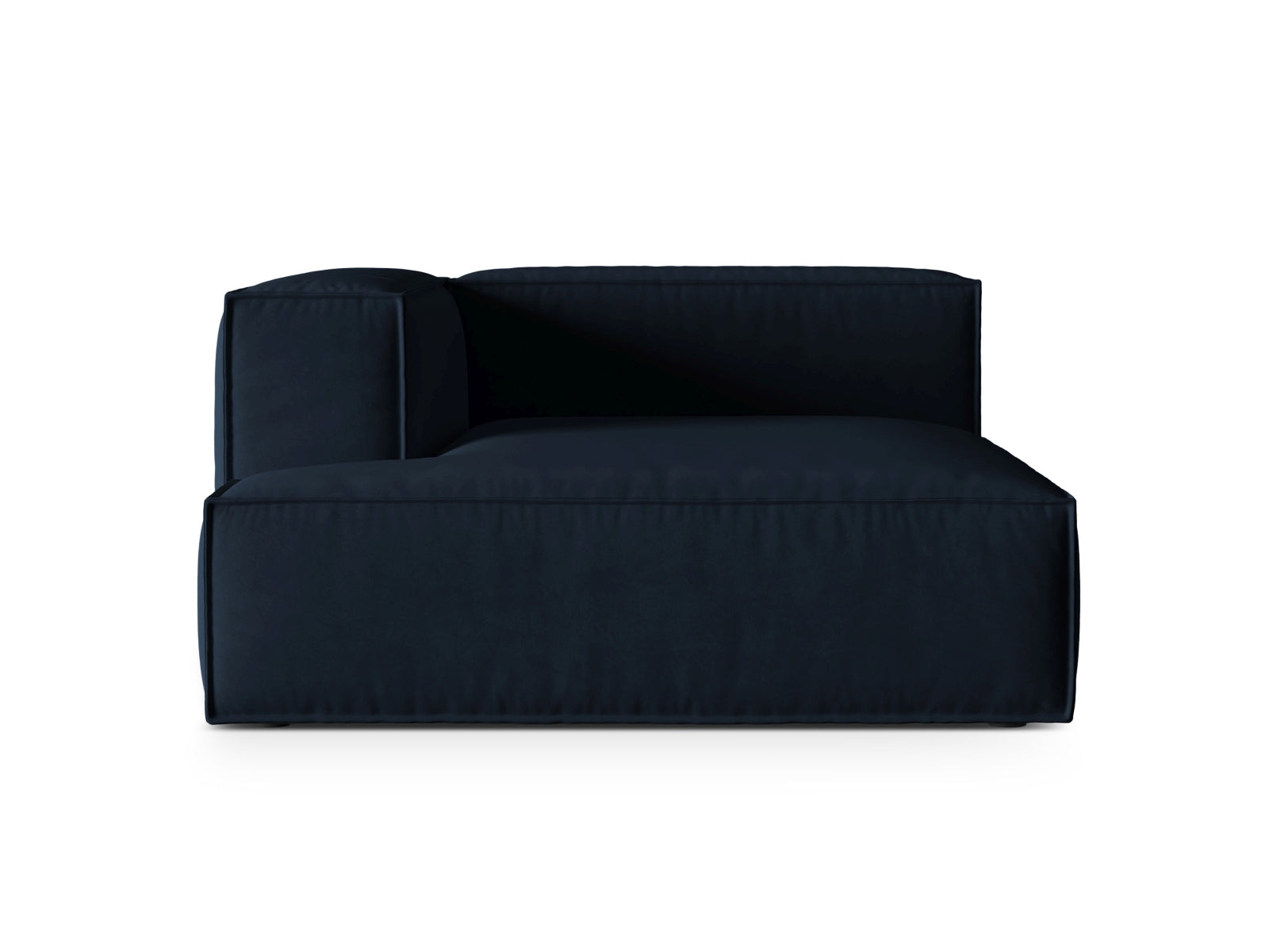 Elegante Nuria Velour Chaise Longue links in edlem Blau, ideal für stilvolle Wohnräume und entspannende Rückzugsorte.