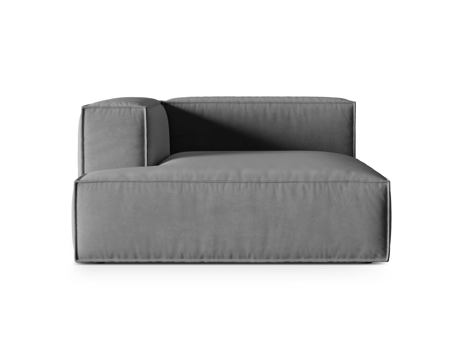 Elegante Nuria Velour Chaise Longue links in zeitlosem Grau, ideal für stilvolle Wohnräume und entspannende Rückzugsorte.