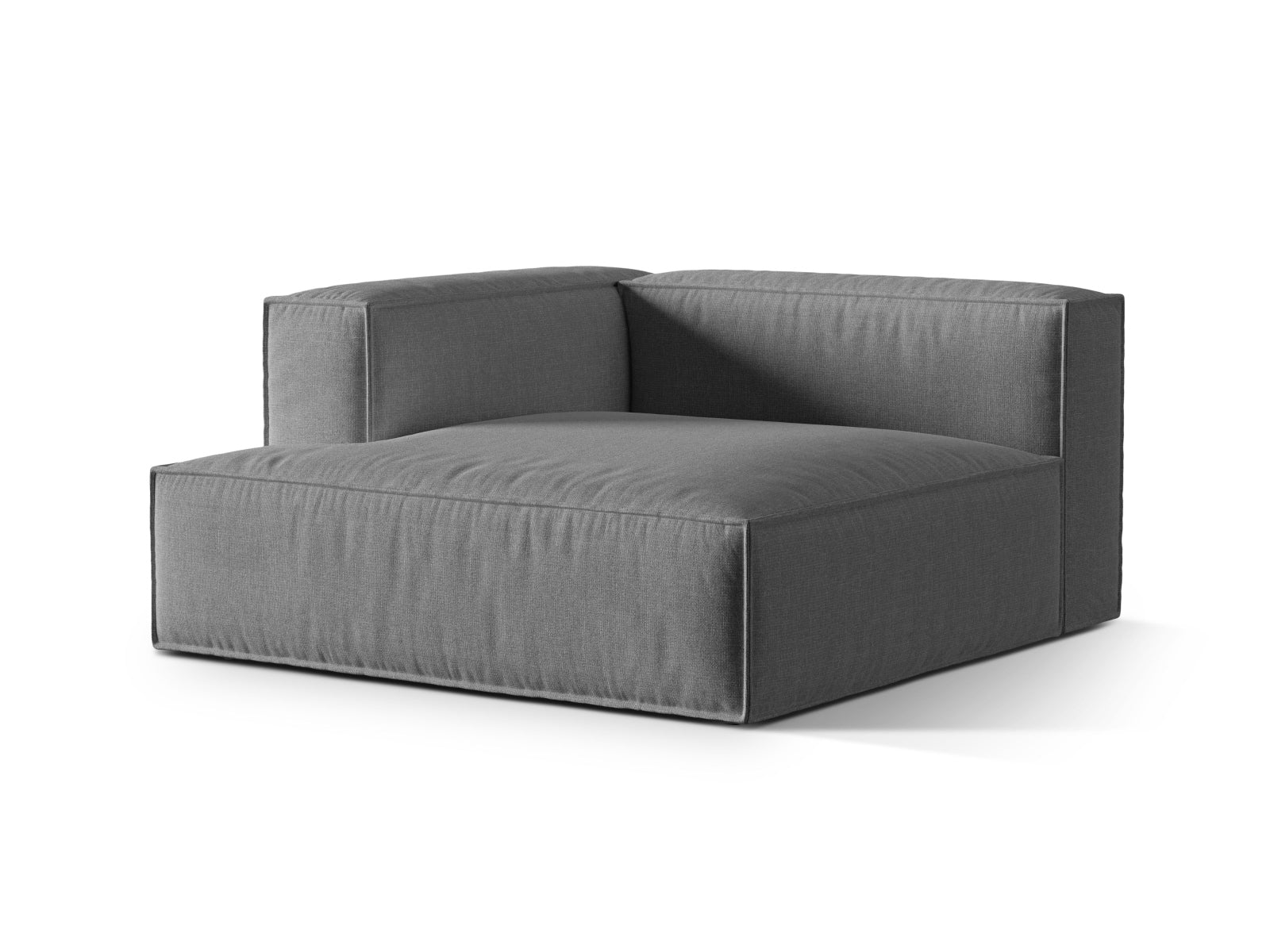 Moderne Nuria Velour Chaise Longue links in edlem Grau, perfekt für gemütliche Leseecken und stilvolle Inneneinrichtungen.