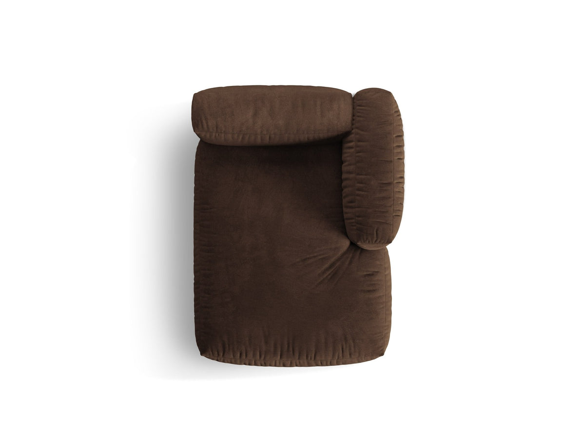 Martina Chaiselongue von Micadoni in Schokolade-Veloursstoff, schwarze Kunststoffbeine, rechtsseitige Ausrichtung, modulares Sofa-Element.
