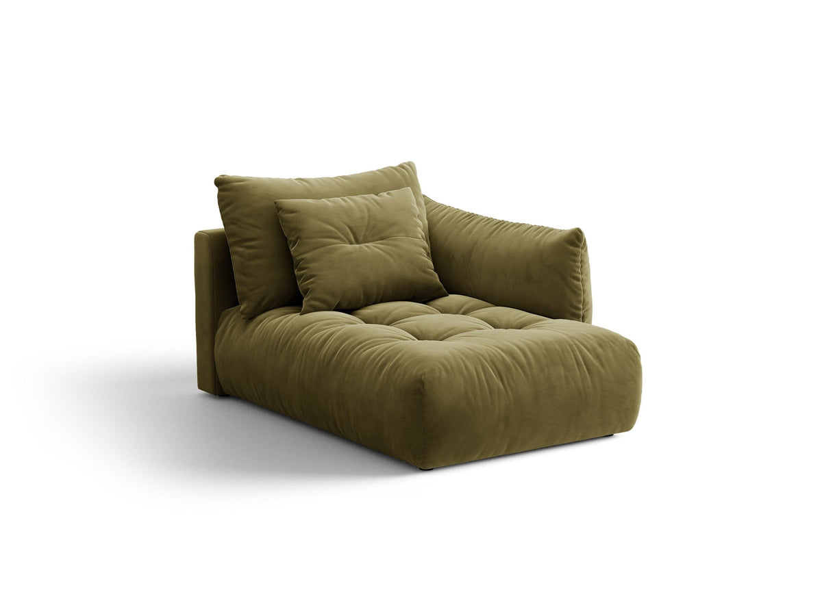 Modulares Sofa Bloom Chaiselongue von Micadoni in leichtem Beige mit Casino-Velours-Bezug, schwarzen Kunststoffbeinen und rechter Ausrichtung.