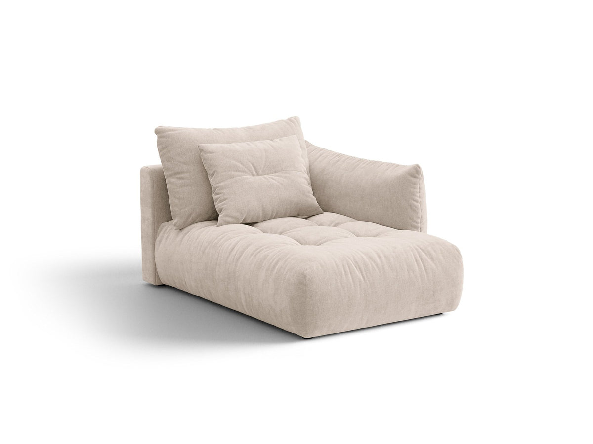 Modulares Sofa Bloom Chaiselongue von Micadoni in leichtem Beige mit Casino-Velours-Bezug, schwarzen Kunststoffbeinen und rechter Ausrichtung.