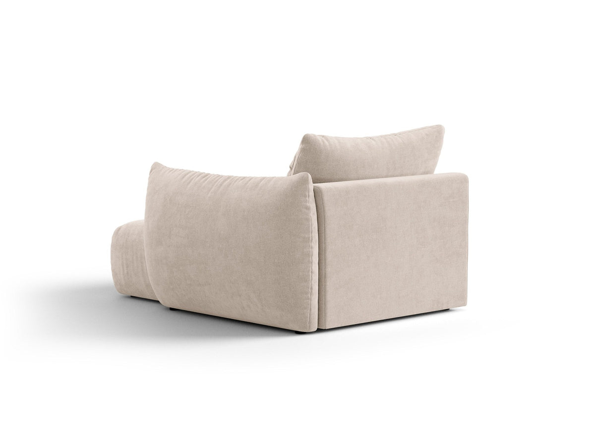 Modulares Sofa Bloom Chaiselongue von Micadoni in leichtem Beige mit Casino-Velours-Bezug, schwarzen Kunststoffbeinen und rechter Ausrichtung.