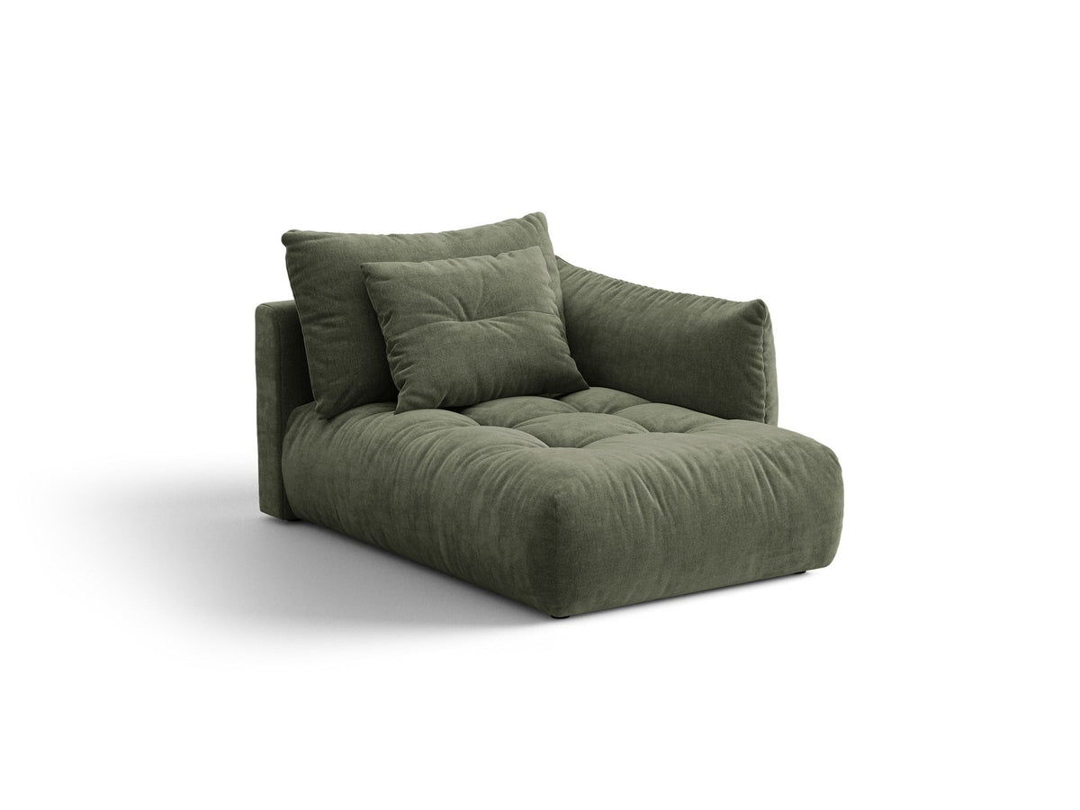 Modulares Sofa Bloom Chaiselongue von Micadoni in leichtem Beige mit Casino-Velours-Bezug, schwarzen Kunststoffbeinen und rechter Ausrichtung.