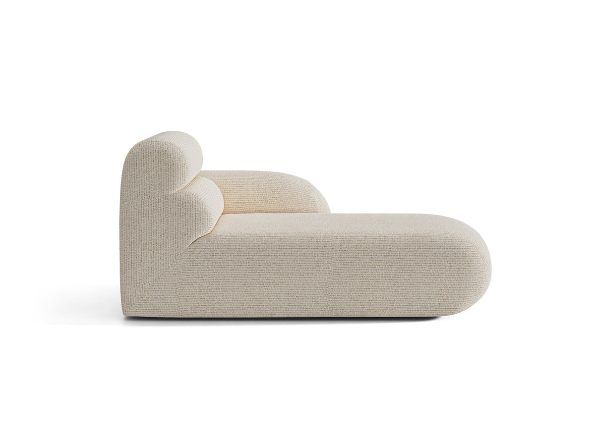 Modulares Sofa Neo Chaiselongue von Micadoni in dunklem Olivgrün mit strukturiertem Stoff und schwarzen Kunststoffbeinen, rechts ausgerichtet.