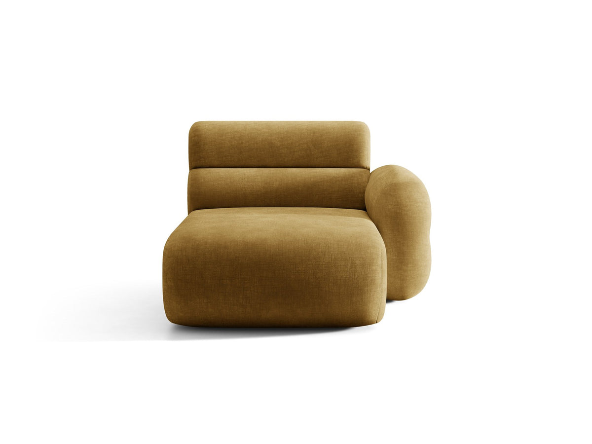 Modulares Sofa Neo Chaiselongue von Micadoni in dunklem Olivgrün mit strukturiertem Stoff und schwarzen Kunststoffbeinen, rechts ausgerichtet.