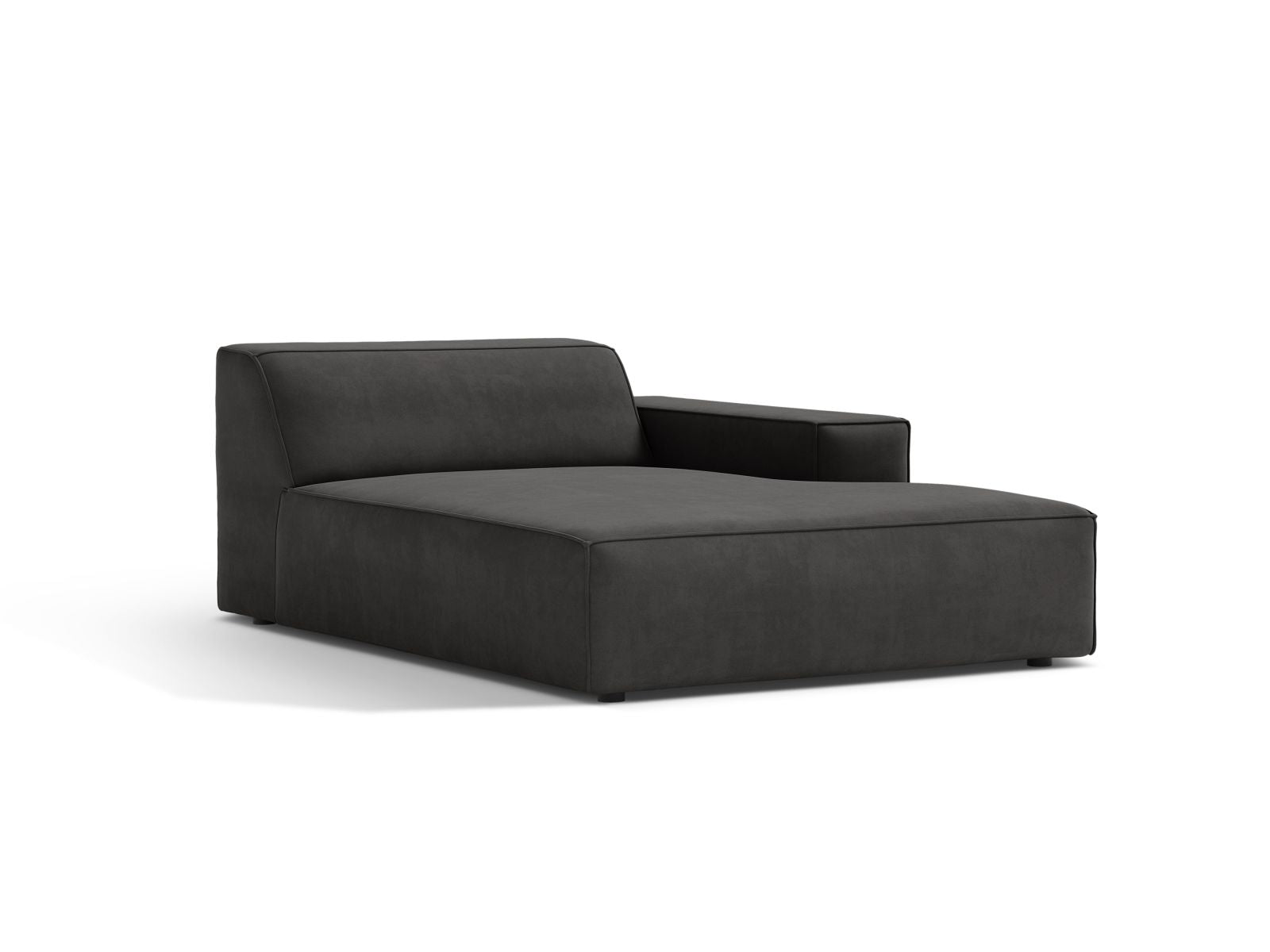 Elegante 1-Sitzer Chaise Longue Rechts Jodie in stilvollem Grau-Bluvel, ideal für moderne Wohnräume und vielseitige Sofa-Kombinationen.