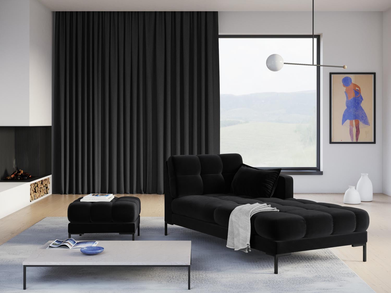 Elegantes Mamaia Velour Sofa Chaise Lounge in Schwarz, ideal für stilvolle Wohnräume. Komfort und modernes Design vereint.