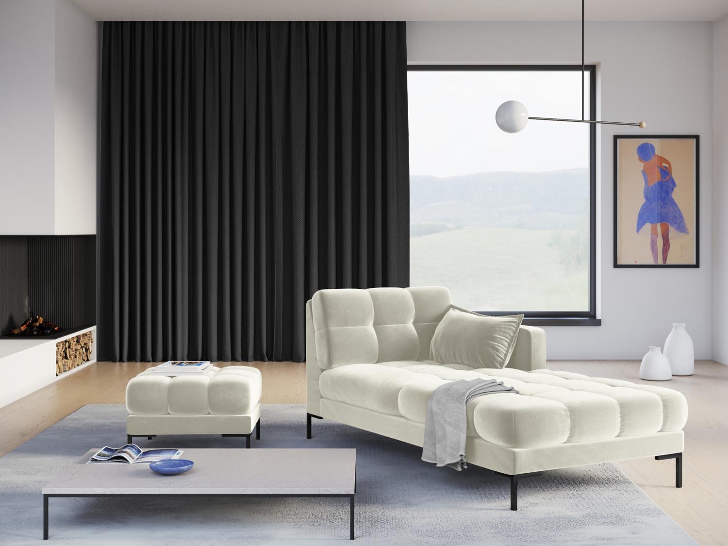 Elegantes Mamaia Velour Sofa Chaise Lounge in Light Beige mit schwarzem Bluvel, ideal für stilvolle Wohnräume.