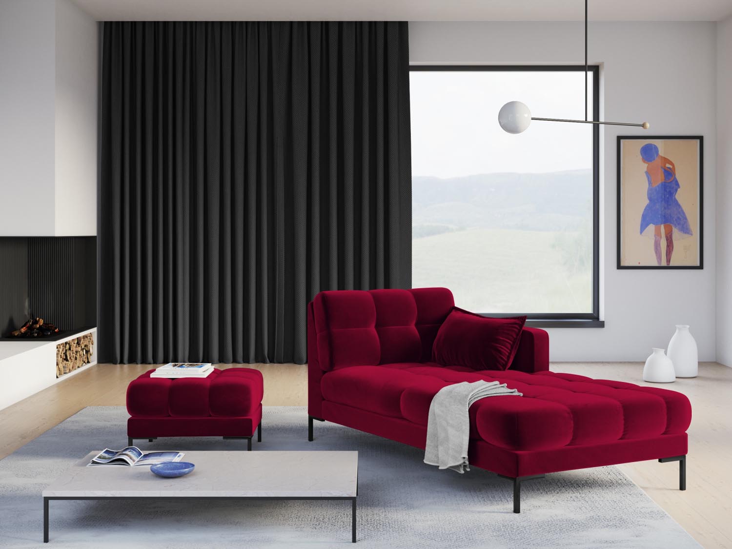 Elegantes Mamaia Velour Sofa Chaise Lounge in Rot und Schwarz, ideal für stilvolle Wohnräume. Komfort und Design vereint.