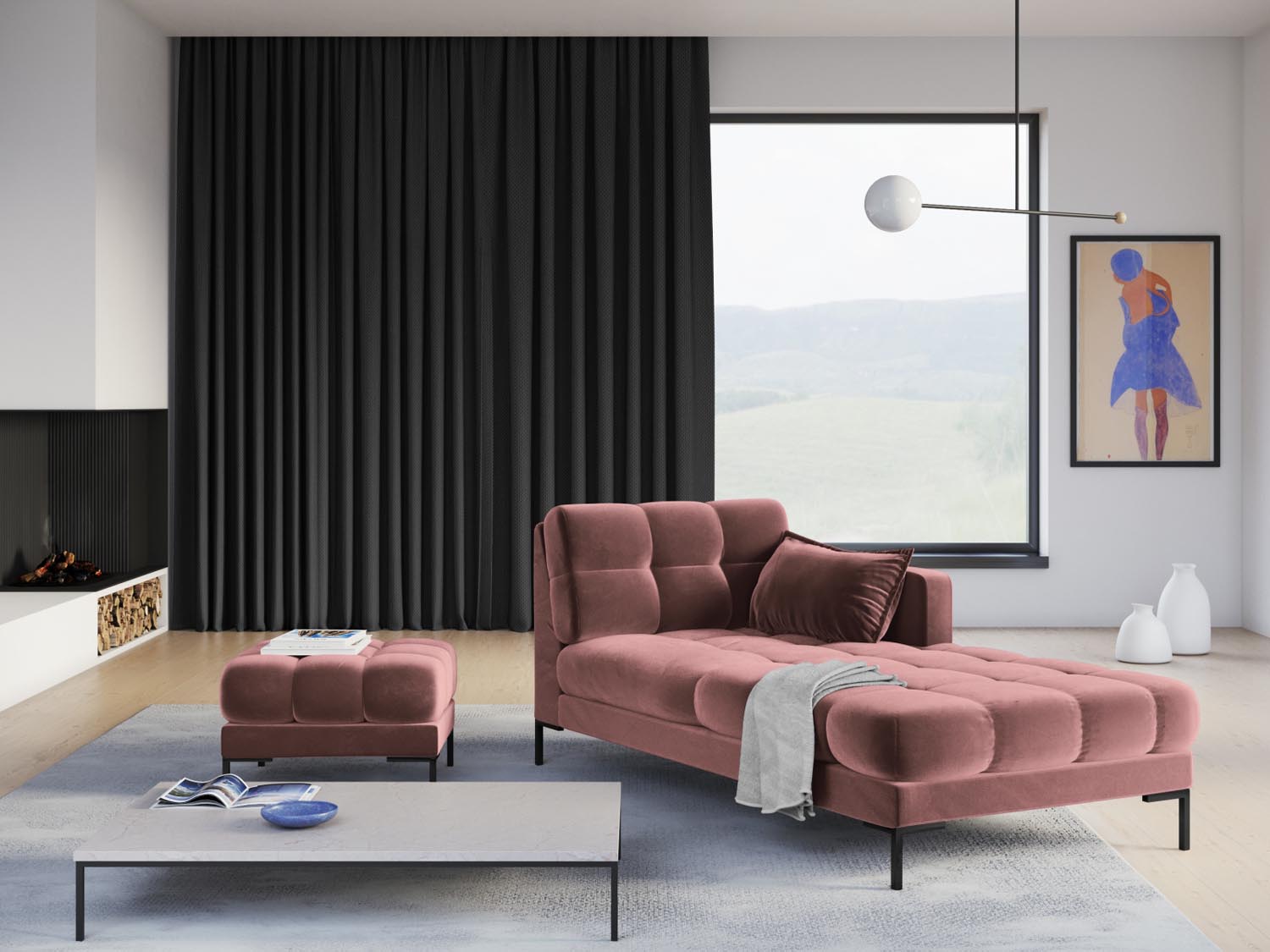 Elegantes Mamaia Velour Sofa Chaise Lounge in Pink und Schwarz, ideal für stilvolle Wohnräume. Komfort und Design vereint.