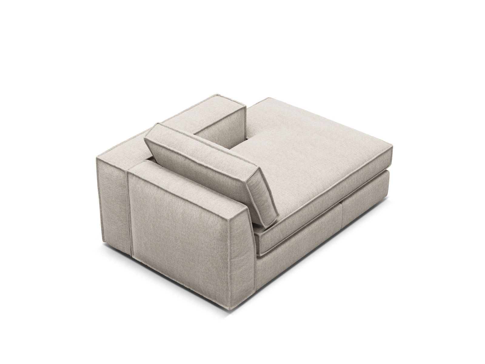 Elegante rechte Chaise Longue Pola in sanftem Sand-Babel, ideal für kreative Raumgestaltungen und komfortable Entspannungsecken.