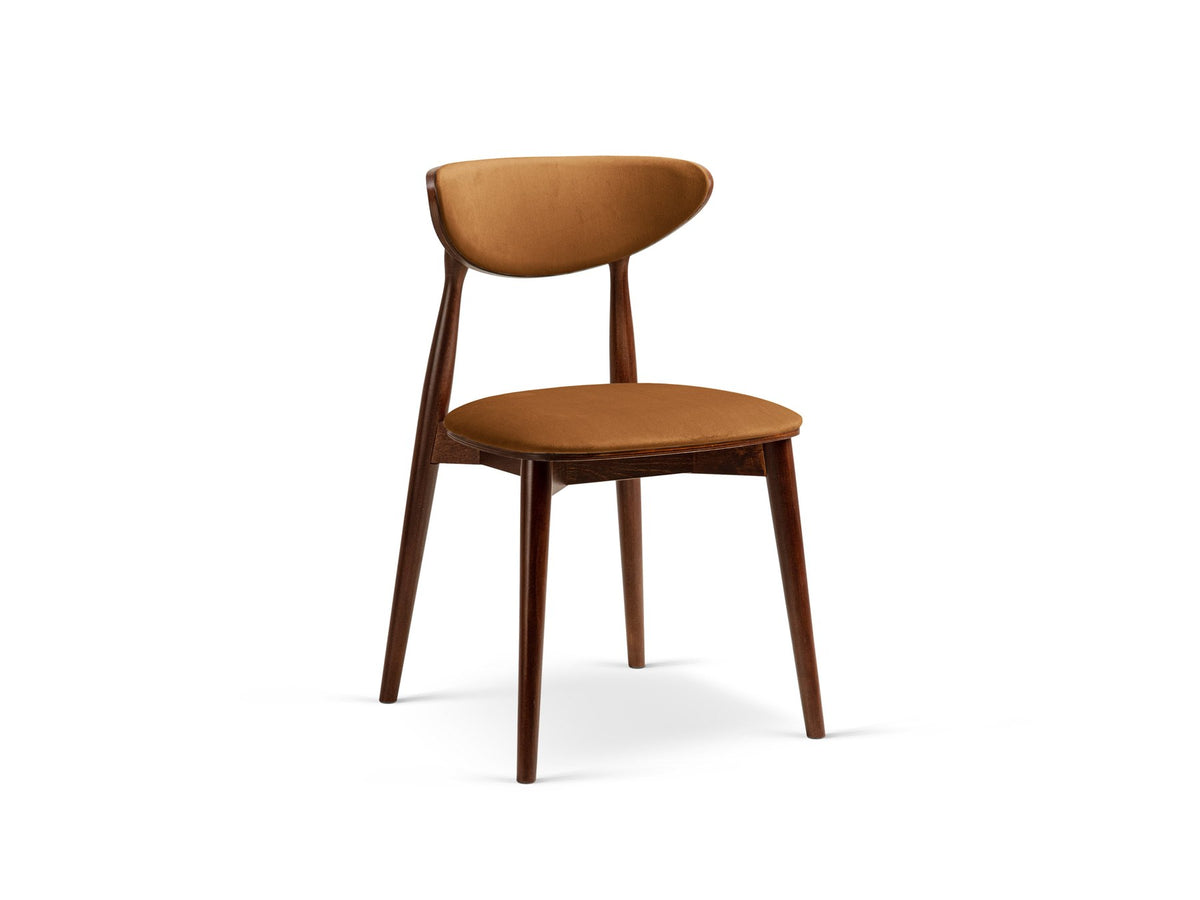 Samtiger Stuhl Rina von Micadoni in Mandel beige mit rundem gepolstertem Rücken und Beinen aus Nussbaumholz, Ansicht von vorne.