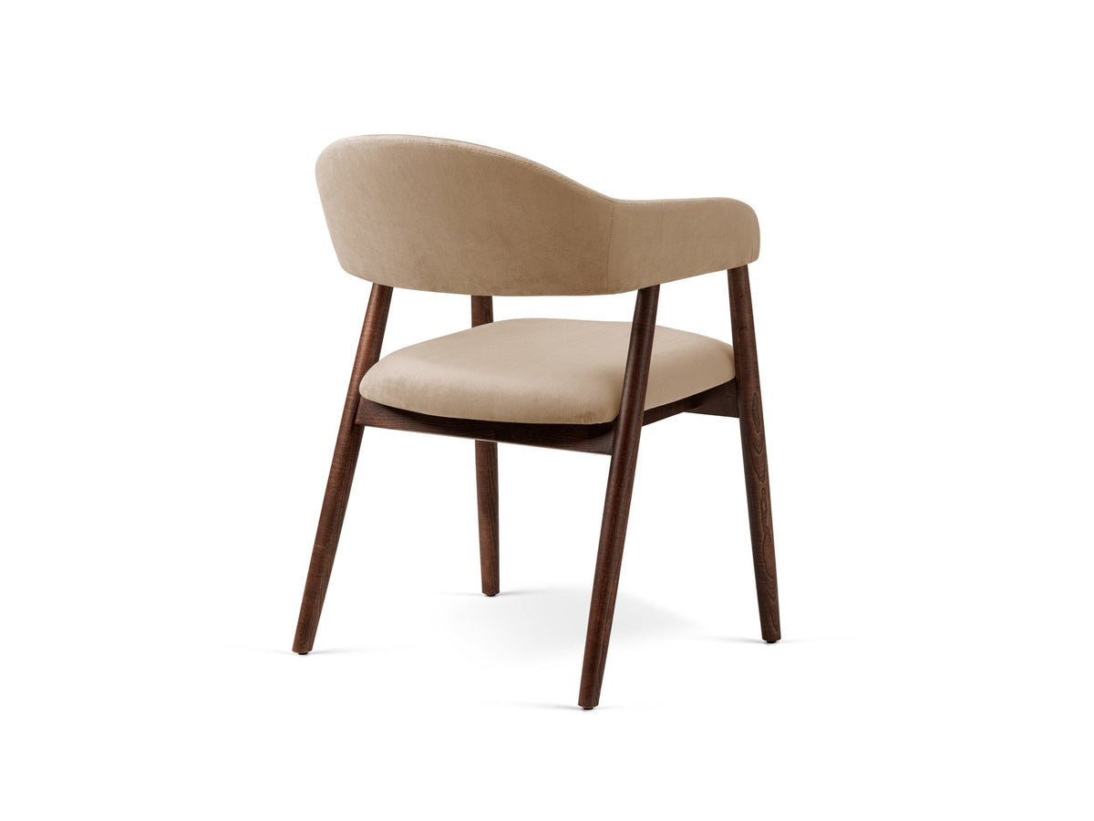 Foto vom Adra Samtstuhl in Mandel beige mit weichem Samtbezug, gepolsterter Sitzfläche und Beinen aus Nussbaum-Holz.