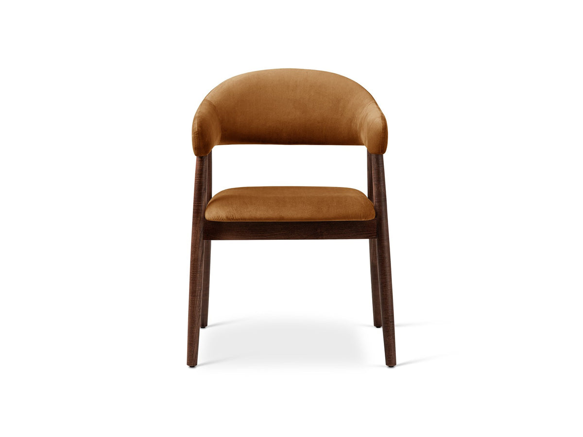 Foto vom Adra Samtstuhl in Mandel beige mit weichem Samtbezug, gepolsterter Sitzfläche und Beinen aus Nussbaum-Holz.