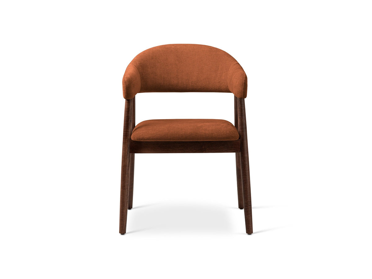 Foto vom Adra Samtstuhl in Mandel beige mit weichem Samtbezug, gepolsterter Sitzfläche und Beinen aus Nussbaum-Holz.