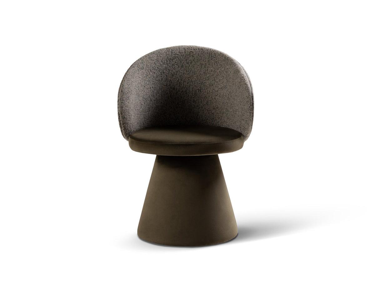 Drehstuhl Inez mit beige meliertem Bezug, Sitzfläche aus Samt, Rückenlehne aus strukturiertem Stoff, Beine aus Samt, geometrische Form.
