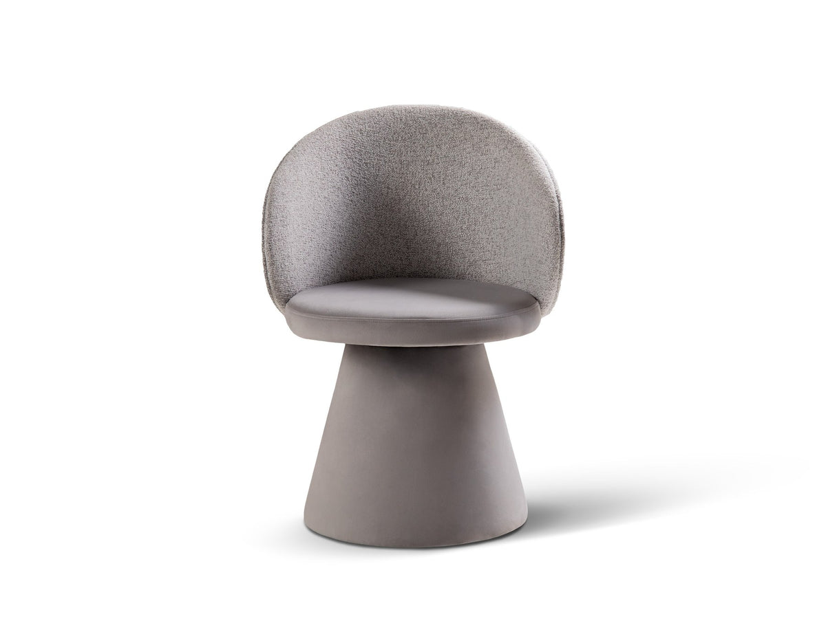 Drehstuhl Inez mit beige meliertem Bezug, Sitzfläche aus Samt, Rückenlehne aus strukturiertem Stoff, Beine aus Samt, geometrische Form.