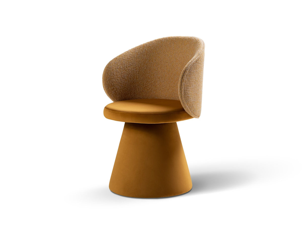 Drehstuhl Inez mit beige meliertem Bezug, Sitzfläche aus Samt, Rückenlehne aus strukturiertem Stoff, Beine aus Samt, geometrische Form.