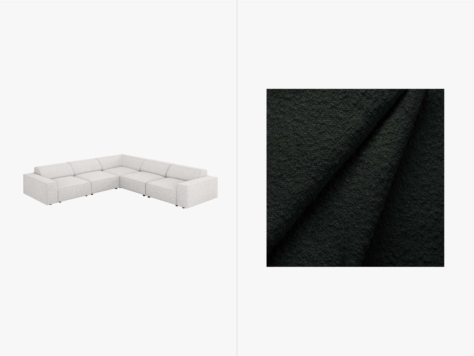 Stylisches Jodie Boucle Ecksofa für 6 Personen, mit symmetrischem Design und hochwertigem Stoff, perfekt für gemütliche Wohnräume.