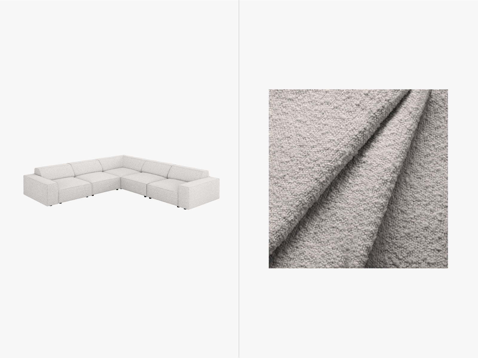 Elegantes Jodie Boucle Ecksofa für 6 Personen, symmetrisch gestaltet, ideal für stilvolle und einladende Wohnbereiche.