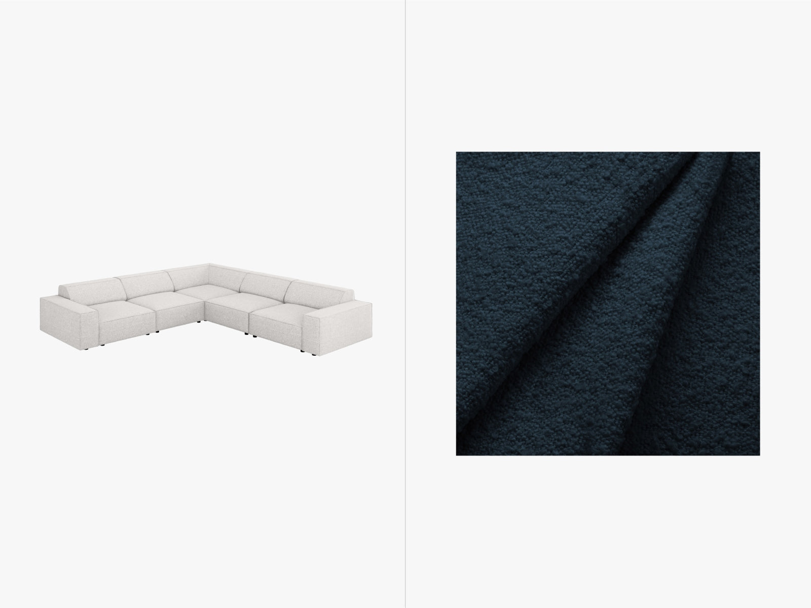 Modernes Jodie Boucle Ecksofa für 6 Personen, mit symmetrischem Design, perfekt für gemütliche und stilvolle Wohnzimmer.