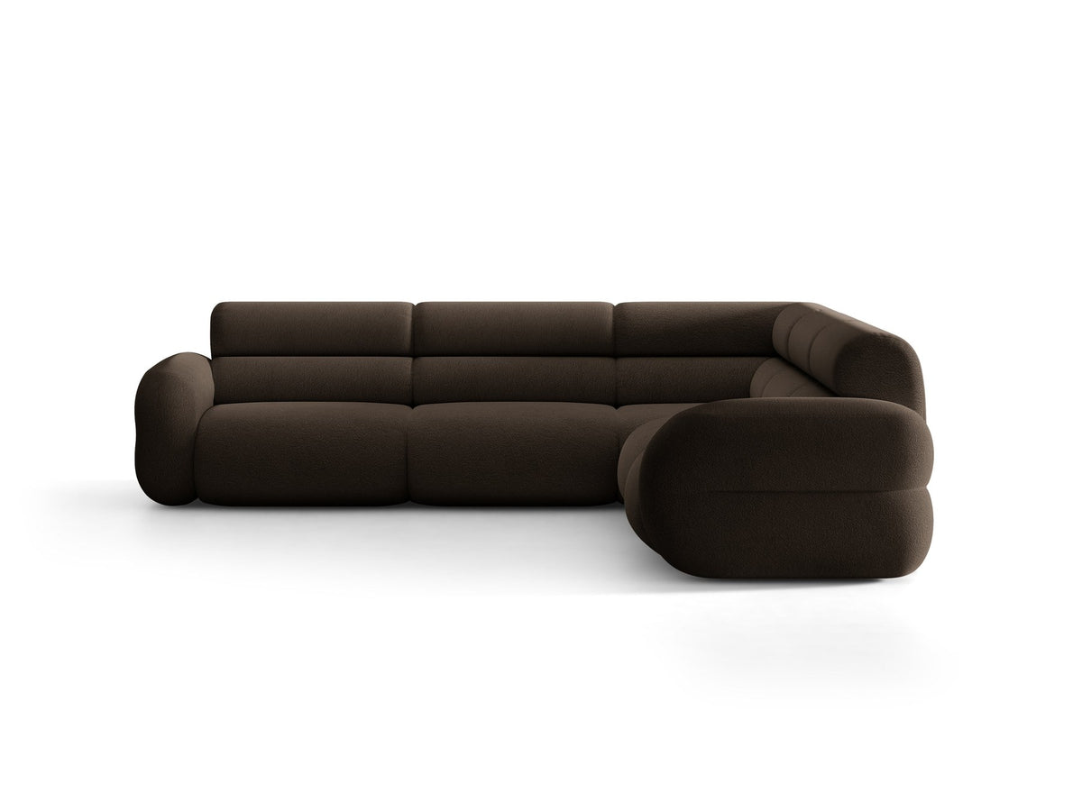 Dunkelolivgrünes modulares Ecksofa Neo von Micadoni mit Bouclé-Stoff, tiefem Sitz und hoher Rückenlehne, symmetrische Eckform.