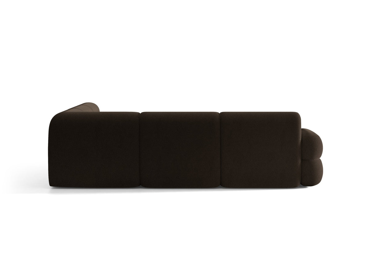 Dunkelolivgrünes modulares Ecksofa Neo von Micadoni mit Bouclé-Stoff, tiefem Sitz und hoher Rückenlehne, symmetrische Eckform.