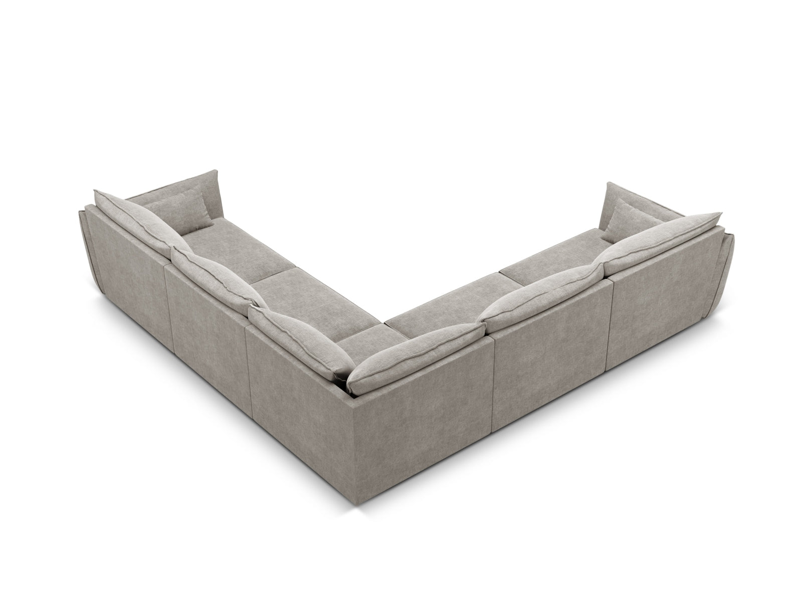 Elegantes Kaelle Symmetrical Ecksofa für 7 Personen in sanftem Grau, perfekt für stilvolle Wohnzimmer und entspannte Zusammenkünfte.