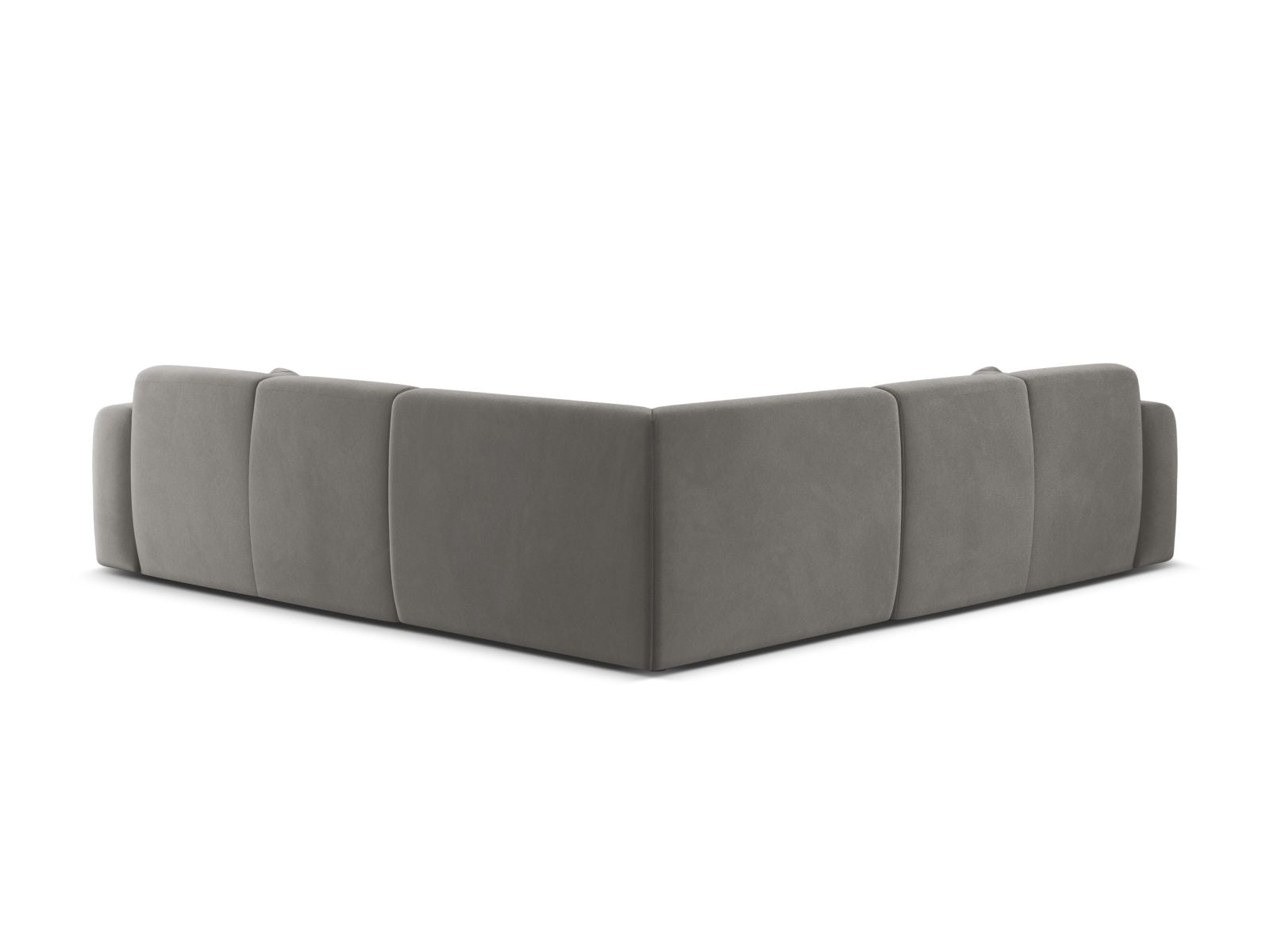 Elegantes symmetrisches Ecksofa Molino in grauem Velours, ideal für stilvolle Wohnräume und gesellige Abende.