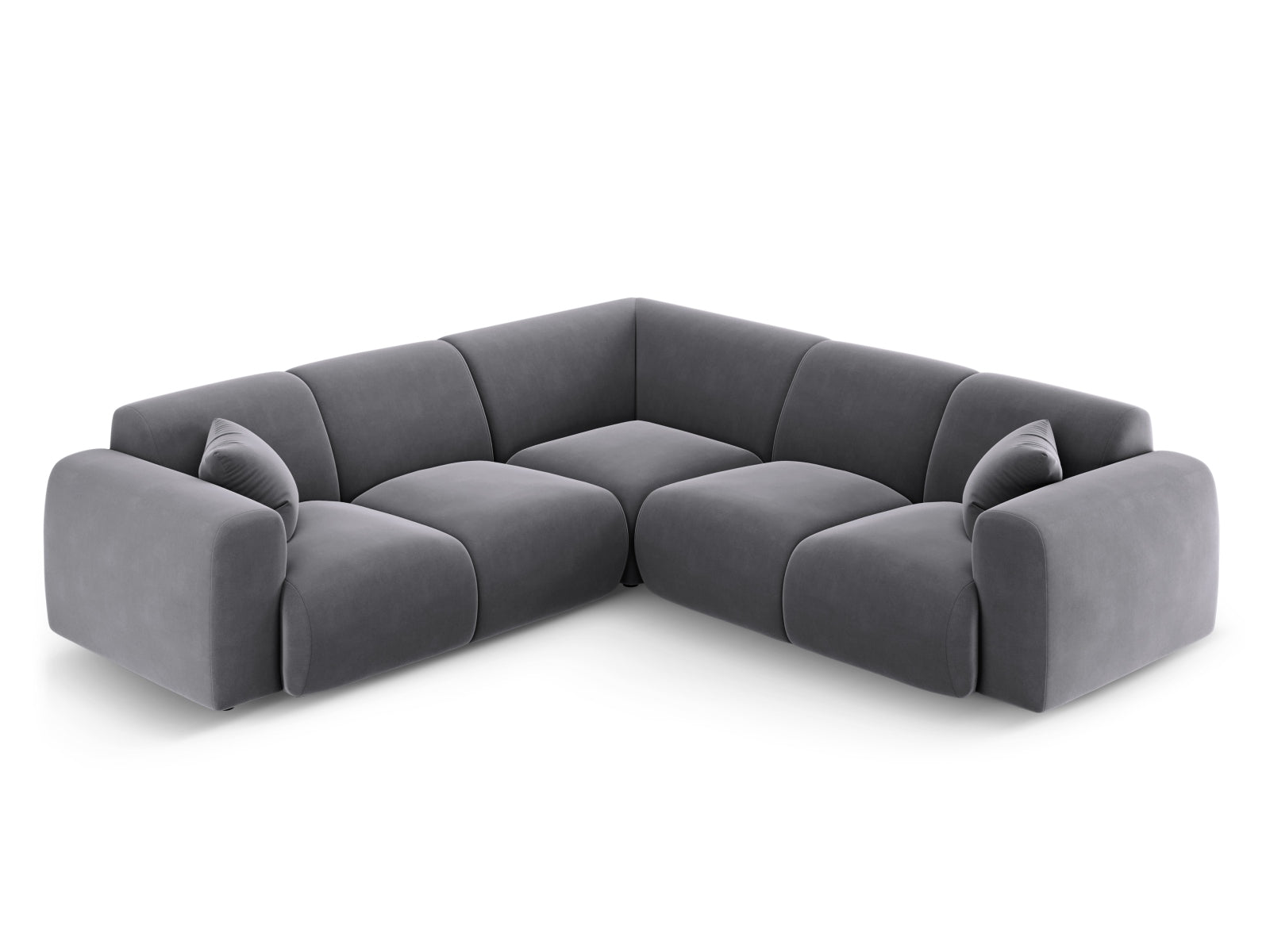 Elegantes Molino Velour Ecksofa in symmetrischer Form, 5-Sitzer in Dunkelgrau, ideal für stilvolle Wohnräume.