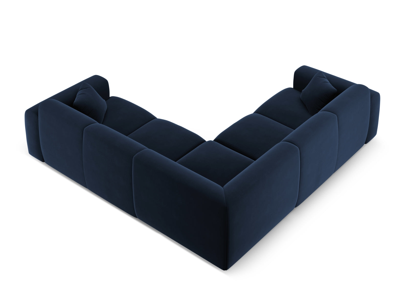 Luxuriöses 5-Sitzer Ecksofa Molino aus Velours in Royalblau, symmetrisch gestaltet für moderne und elegante Wohnambiente.