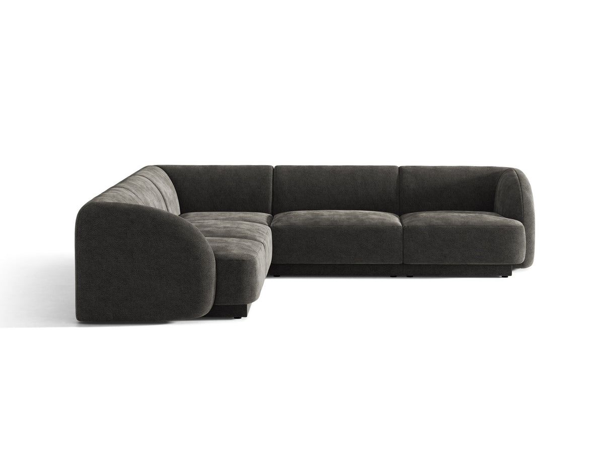 Dunkelbeiges symmetrisches Ecksofa Miley von Micadoni aus Bluvel-Stoff mit schwarzen Kunststoffbeinen, moderne L-Form für Wohnräume.