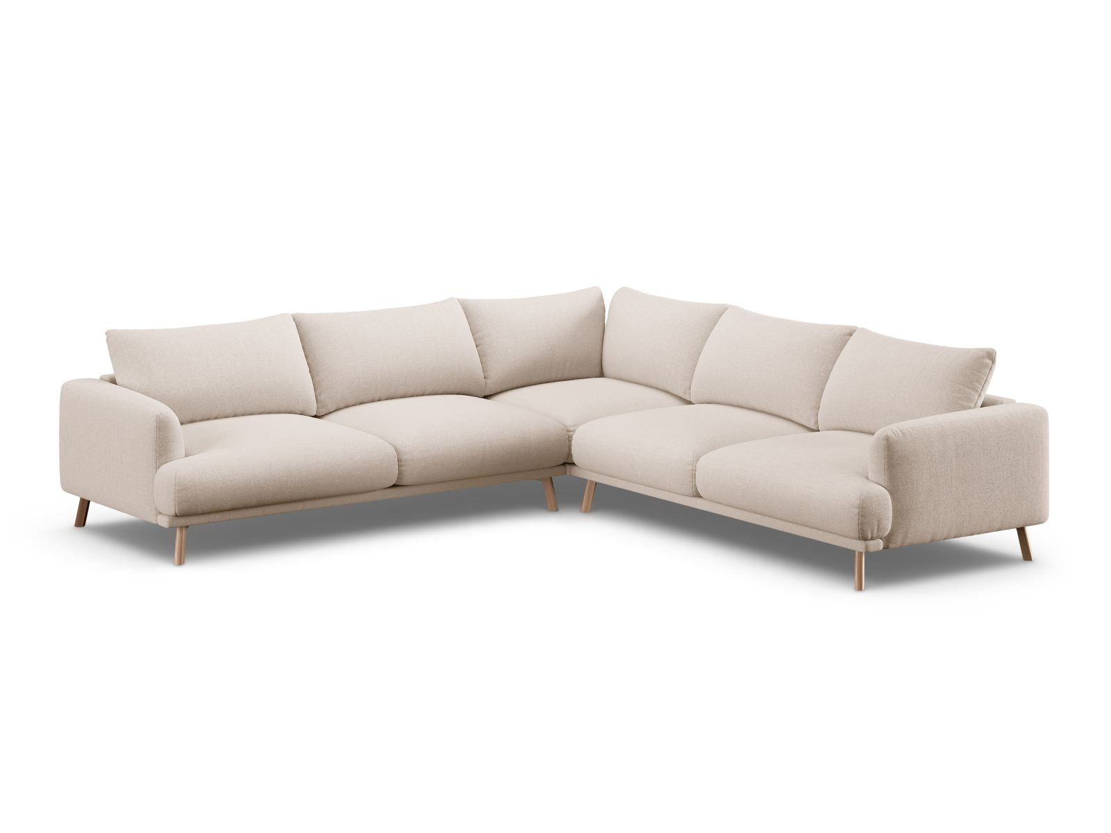 Beige Ecksofa Symmetric Naomi von Micadoni, ideal für moderne Wohnräume, bietet Platz für fünf Personen und vereint Komfort mit stilvollem Design.