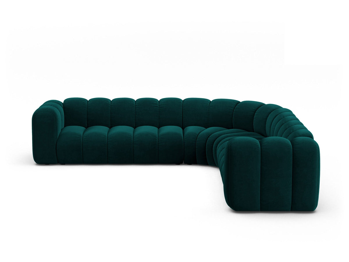 Modulares symmetrisches Ecksofa Lupine von Micadoni in leichtem Beige mit Venus-Samtstoff und schwarzen Kunststoffbeinen aus Polypropylen