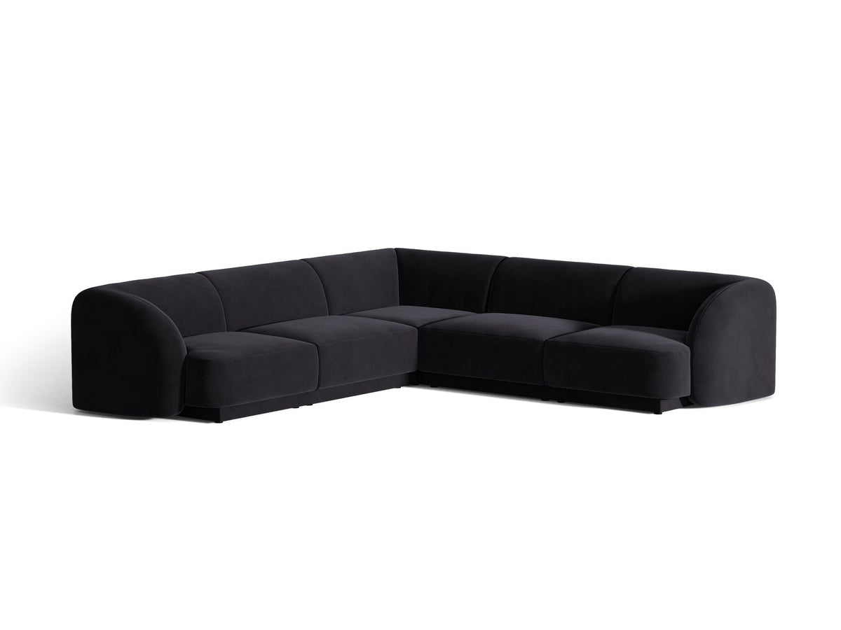 Dunkelbeiges symmetrisches Ecksofa Miley von Micadoni aus Bluvel-Stoff mit schwarzen Kunststoffbeinen, moderne L-Form für Wohnräume.