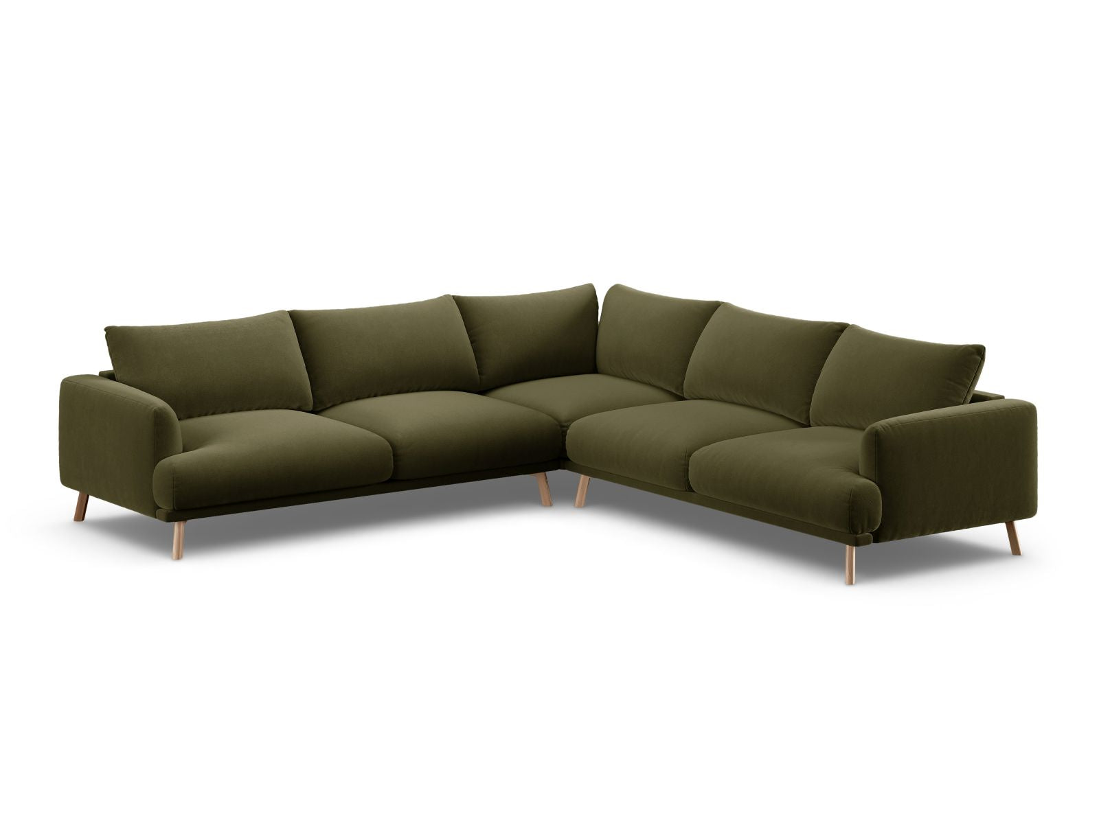 Elegantes 5-Sitzer Ecksofa Symmetric Naomi in stilvollem Grün, ideal für moderne Wohnräume und gemütliche Abende.